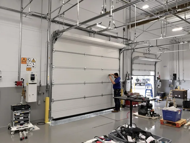 Commercial garage door repair being performed by East Lyme Garage Door Repair expert in East Lyme