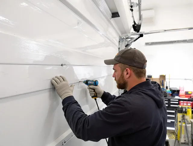 East Lyme Garage Door Repair technician demonstrating precision dent removal techniques on a East Lyme garage door