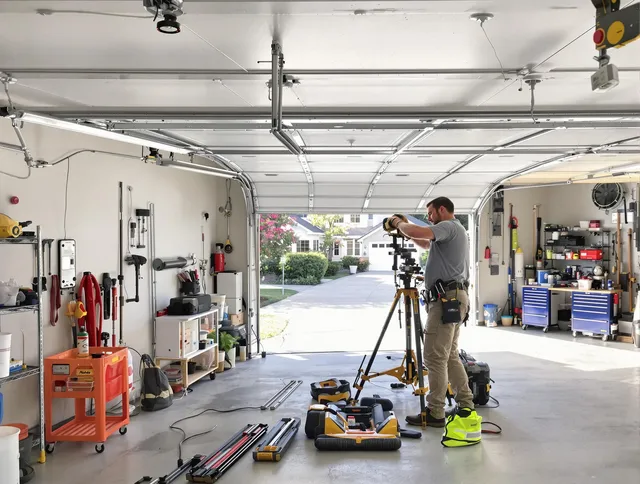 East Lyme Garage Door Repair specialist performing laser-guided track alignment in East Lyme